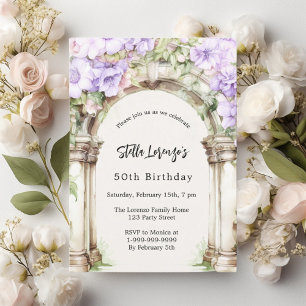 Lavender florals arch beige birthday invitation