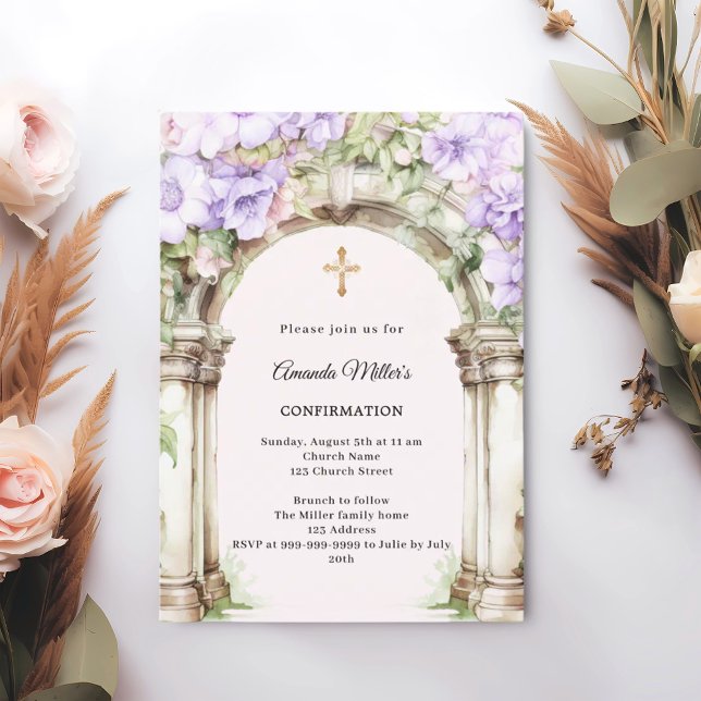 Lavender florals arch girl Confirmation Invitation (Creator Uploaded)