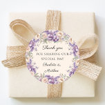 Lavender florals cream champagne wedding thank you classic round sticker<br><div class="desc">Decorate your wedding favors with this elegant floral sticker. It features a lush wreath of lavender and champagne-colored peonies in a soft watercolor style. These labels are perfect for sealing envelopes or adding a polished finishing touch to guest favor boxes.</div>