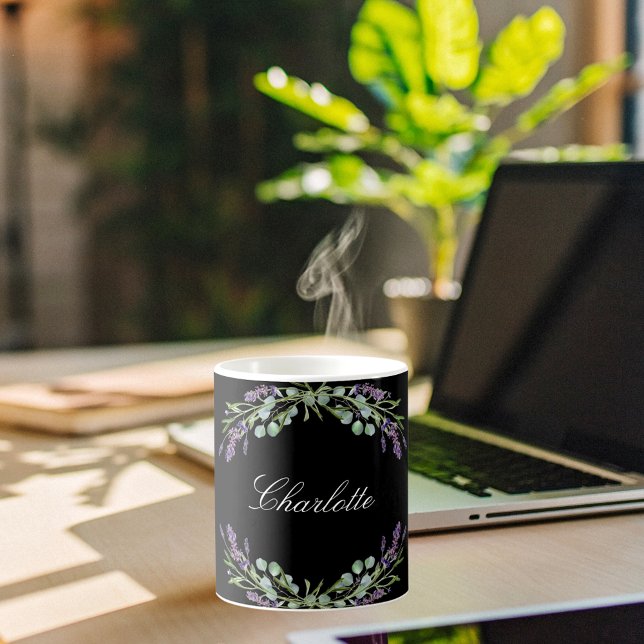 Lavender florals eucalyptus greenery black name  coffee mug (Creator Uploaded)