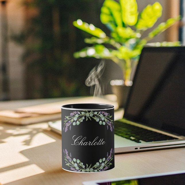 Lavender florals eucalyptus greenery black name mug (Creator Uploaded)