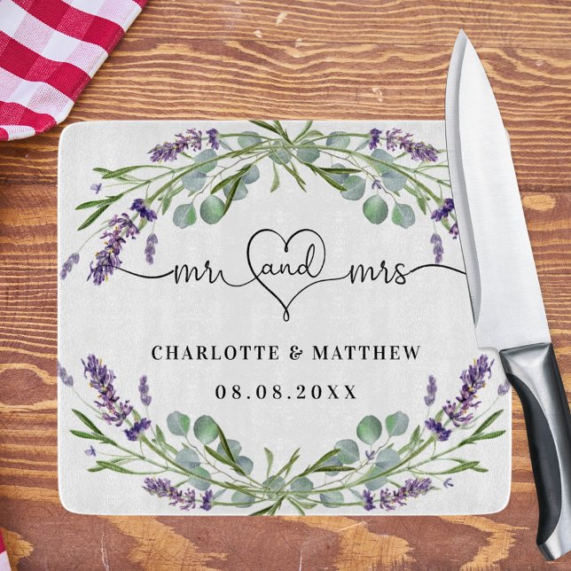 Lavender florals eucalyptus greenery mr mrs heart cutting board (Creator Uploaded)