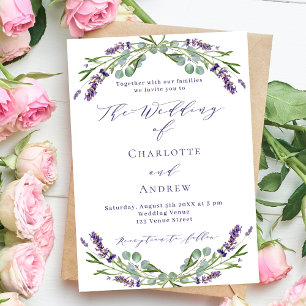 Lavender florals greenery purple script wedding invitation