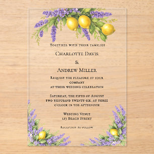 Lavender florals lemons luxury clear wedding  acrylic invitations