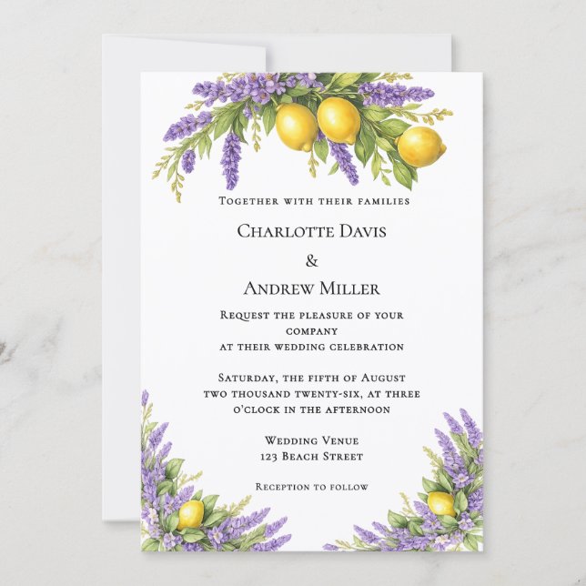 Lavender florals lemons wedding  invitation (Front)