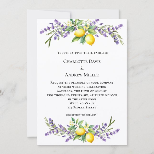 Lavender florals lemons wedding  invitation (Front)