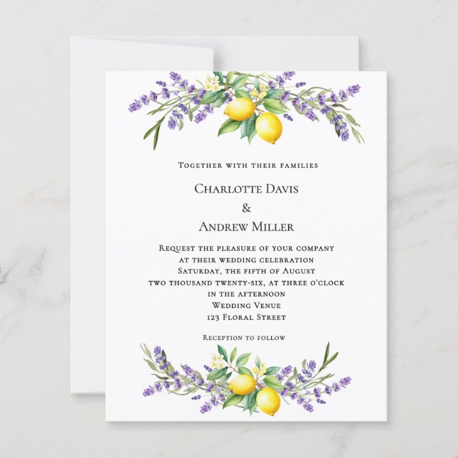 Lavender florals lemons wedding invitation (Front)