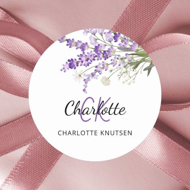 Lavender florals monogrammed  classic round sticker (Creator Uploaded)
