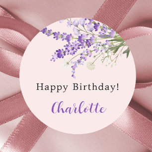 Lavender florals pink birthday classic round sticker
