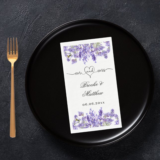 Lavender florals script mr mrs heart wedding napkin (Creator Uploaded)