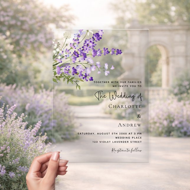 Lavender florals violet clear wedding  acrylic invitations (Creator Uploaded)