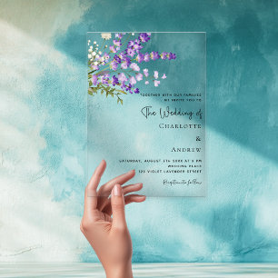 Lavender florals violet clear wedding  acrylic invitations