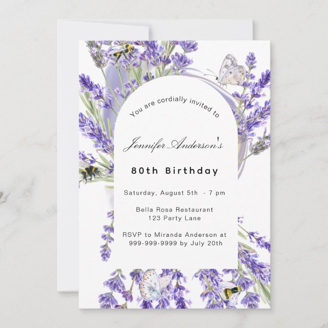 Lavender florals white violet birthday party invitation (Front)