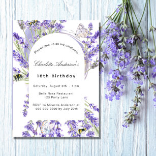 Lavender florals white violet birthday party invitation