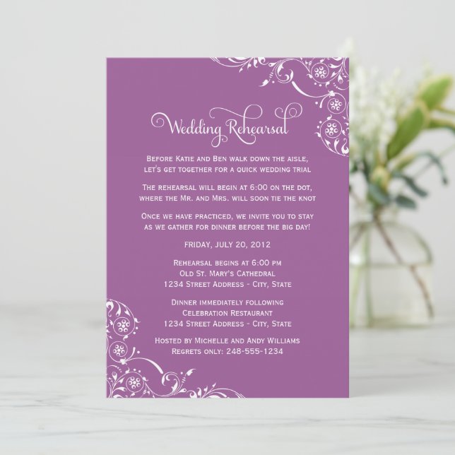Lavender Flourish Wedding Rehearsal Invitation (Standing Front)