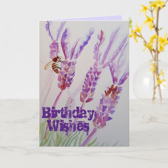 Lavender Flower and Bee Watercolor Art Card (Yellow Flower)