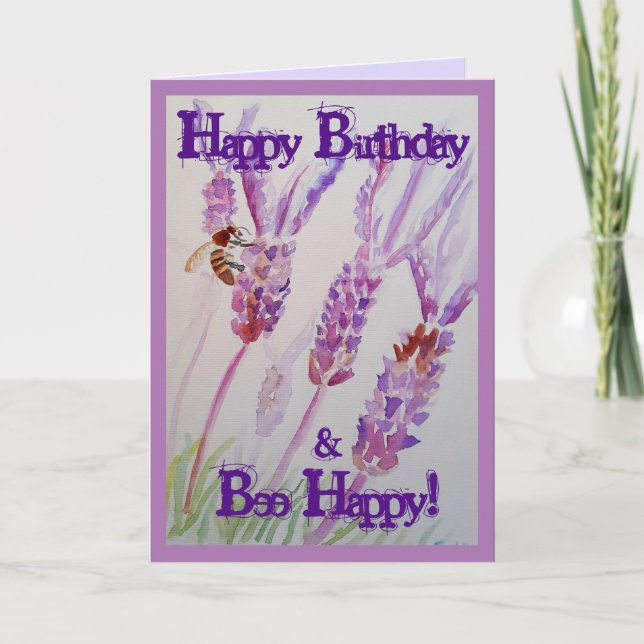 Lavender Flower and Bee Watercolor Birthday Card (Front)