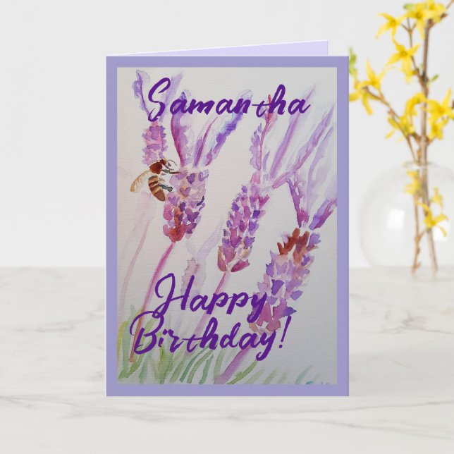 Lavender Flower and Bee Watercolor Birthday Card (Yellow Flower)