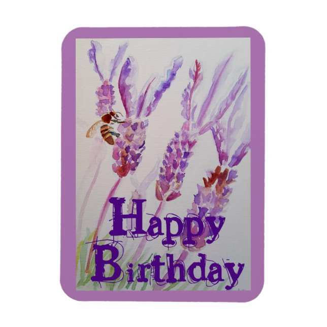 Lavender Flower and Bee Watercolor Birthday Card Magnet (Vertical)