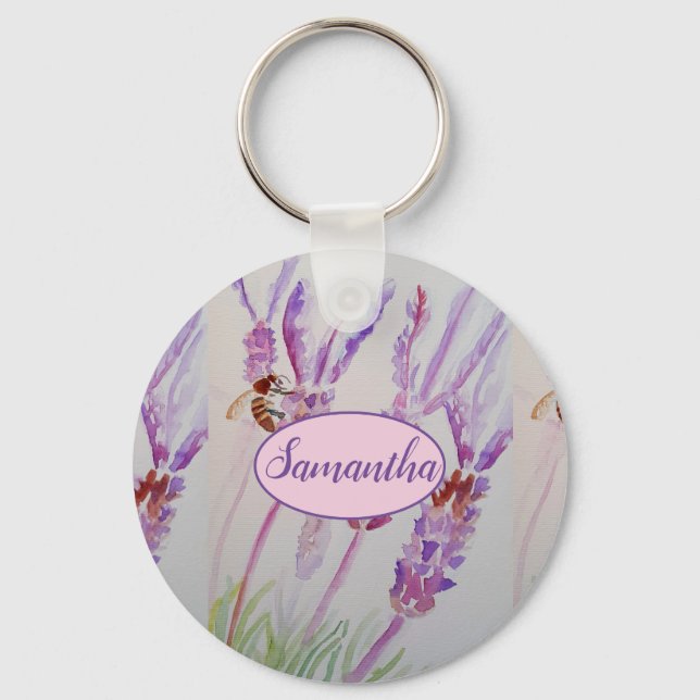 Lavender Flower and Bee Watercolor Birthday Mug Key Ring (Front)