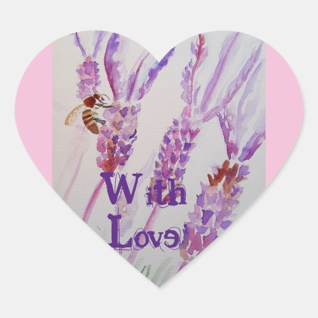 Lavender Flower and Bee Watercolor Birthday  Squar Heart Sticker (Front)