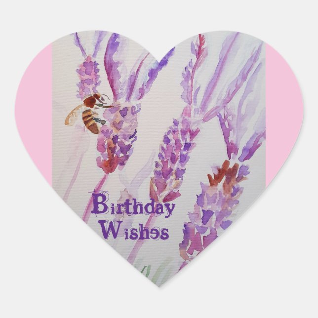 Lavender Flower and Bee Watercolor Birthday  Squar Heart Sticker (Front)