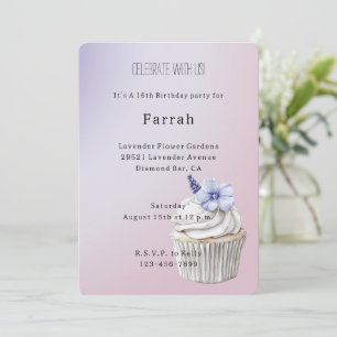 Lavender Flower Cupcake Birthday Invitation