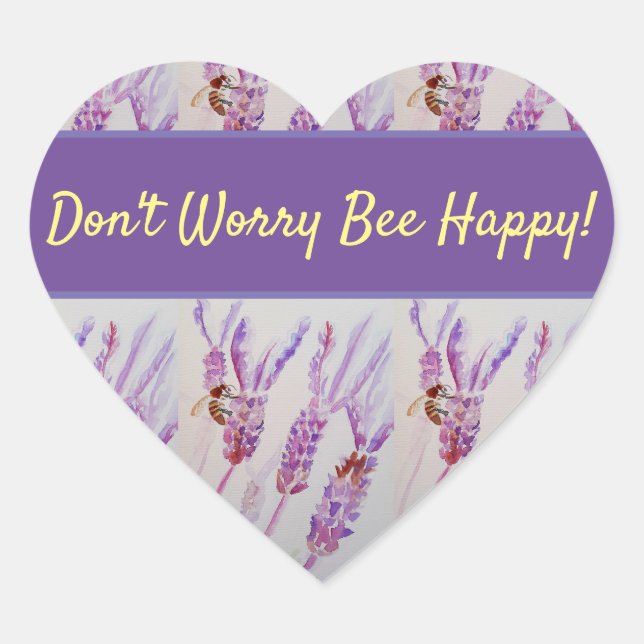 Lavender Flower Don't Worry Bee Happy Purple Heart Sticker (Front)