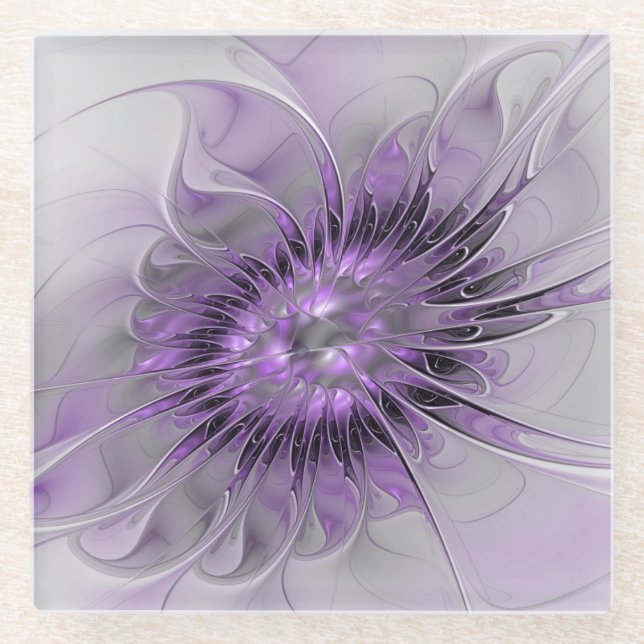 Lavender Flower Dream Modern Abstract Fractal Art Glass Coaster (Front)