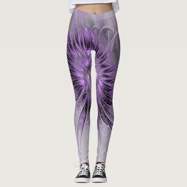 Lavender Flower Dream Modern Abstract Fractal Art Leggings (Front)