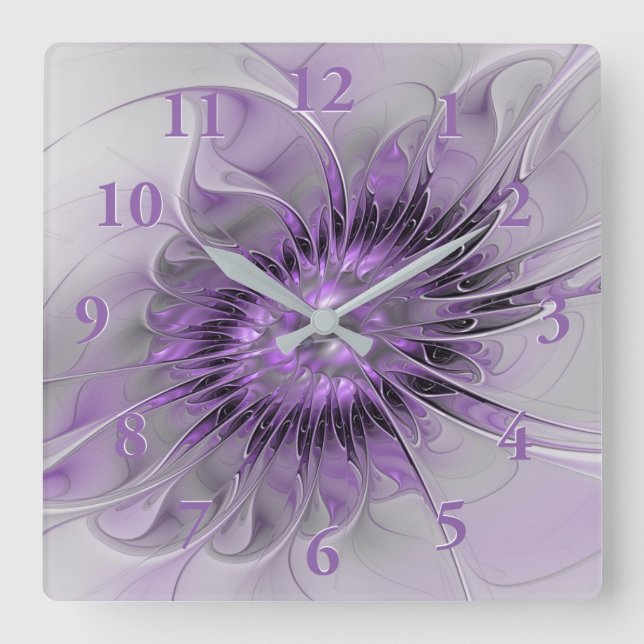 Lavender Flower Dream Modern Abstract Fractal Art Square Wall Clock (Front)