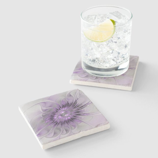 Lavender Flower Dream Modern Abstract Fractal Art Stone Coaster (Side)