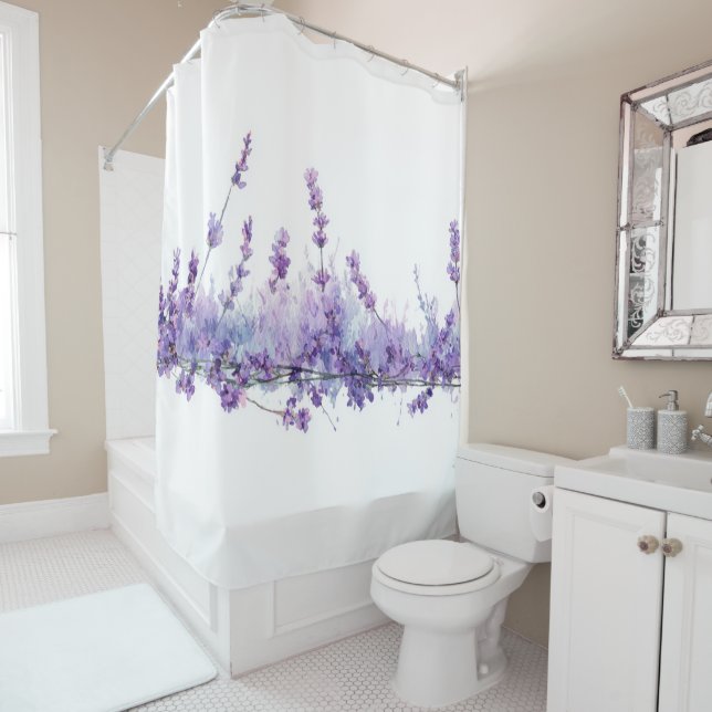 Lavender Flower Pastel Floral Whimsical Watercolor Shower Curtain (In Situ)