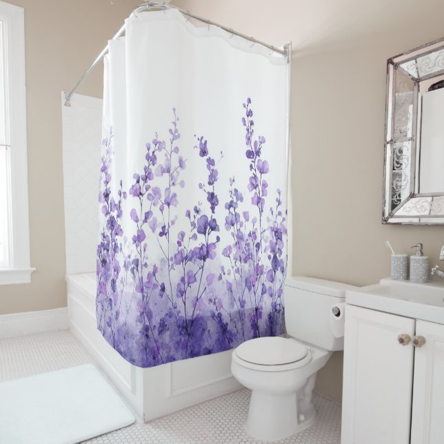 Lavender Flower Pastel Floral Whimsical Watercolor Shower Curtain (In Situ)