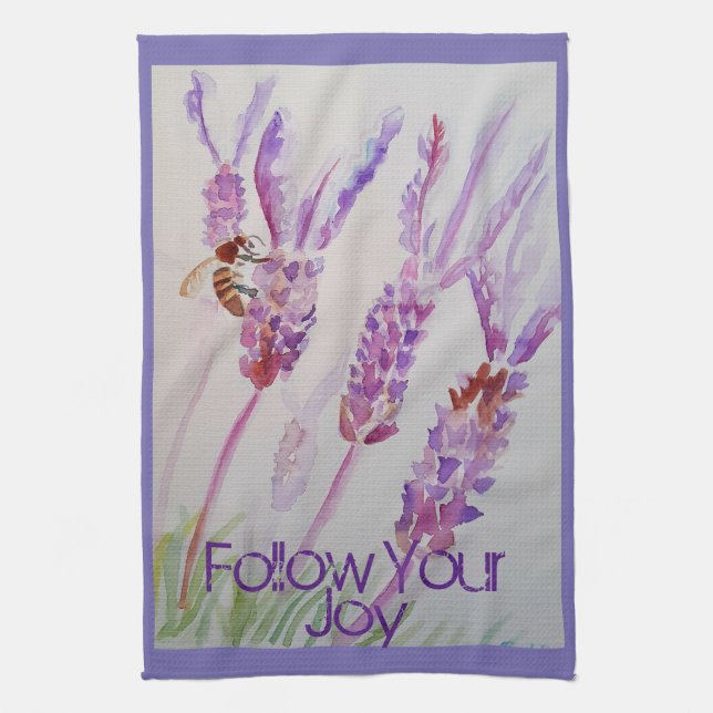 Lavender Flower Purple Watercolour Bee Follow Joy Tea Towel (Vertical)