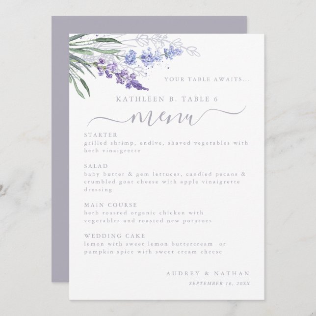Lavender Flower Table Number Wedding Menu (Front/Back)