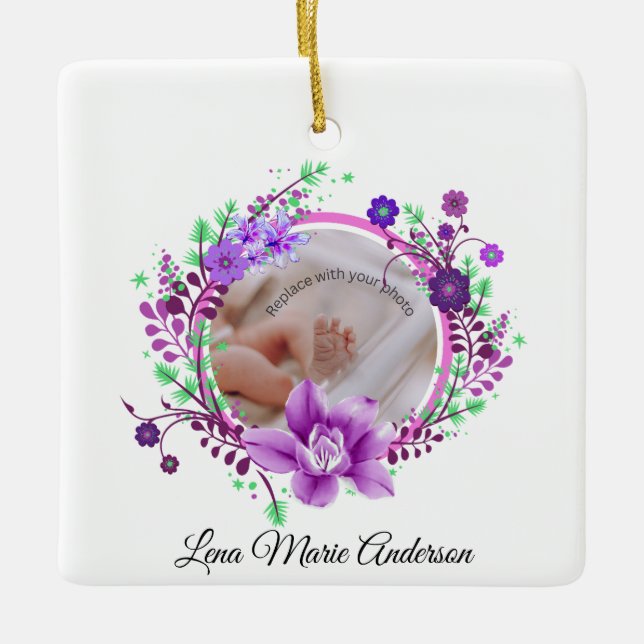 Lavender Flowers Birth Detail Photo Commemorative Ceramic Ornament (Front)