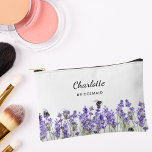 Lavender flowers bridesmaid accessory pouch<br><div class="desc">White background.  Decorated with lavender flowers and bees.
Personalise and add your bridesmaid's name.</div>