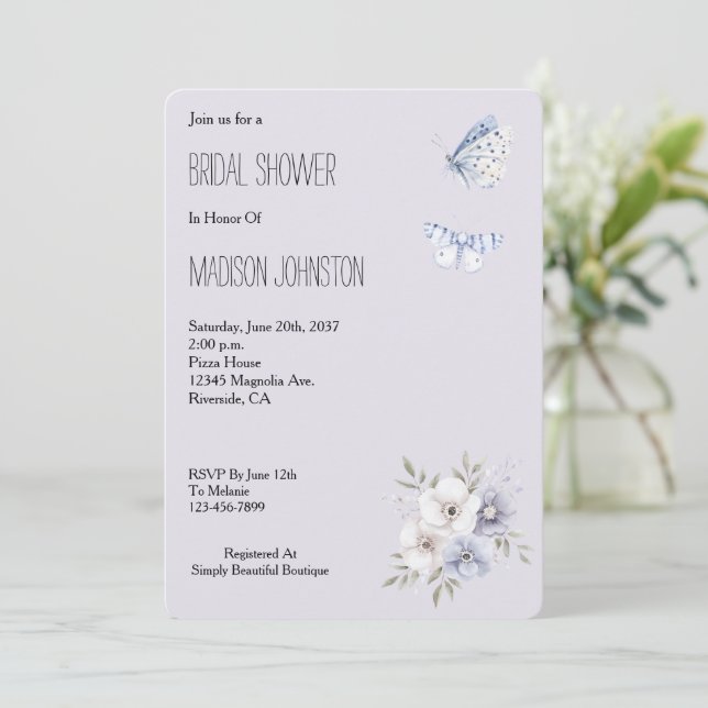 Lavender Flowers & Butterflies Bridal Shower Invitation (Standing Front)