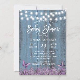 Lavender Flowers Butterfly Dusty Blue Baby Shower Invitation
