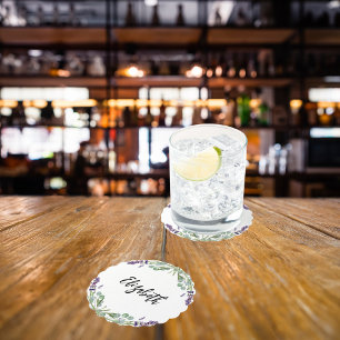 Lavender flowers eucalyptus greenery name paper coaster