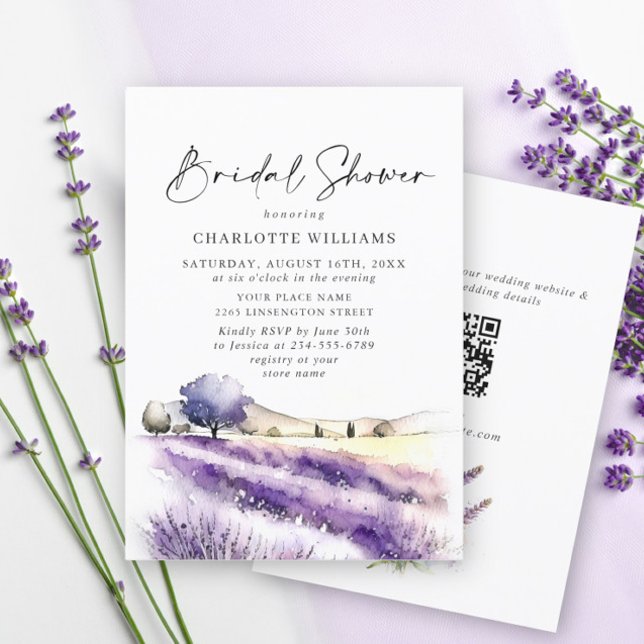 Lavender Flowers Field Bridal Shower QR code Invitation (Creator Uploaded)