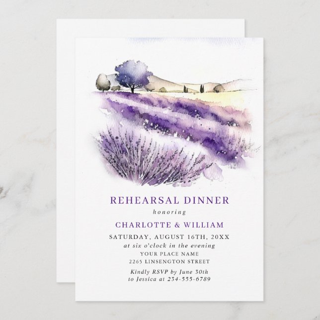 Lavender Flowers Field Rehearsal Dinner QR code Invitation (Front/Back)