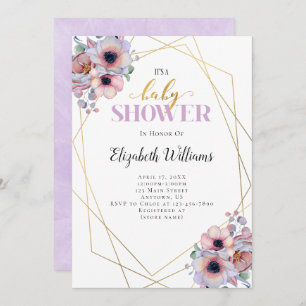 Lavender Flowers Geometric Frame Baby Shower Invitation