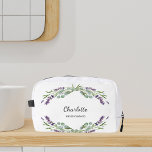 Lavender flowers greenery bridesmaid dopp kit<br><div class="desc">White background. Decorated with lavender flowers and eucalyptus greenery. 
Personalise and add your bridesmade's name.</div>