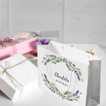 Lavender flowers greenery bridesmaid large gift bag<br><div class="desc">White background. Decorated with lavender flowers and eucalyptus greenery. 
Personalise and add your bridesmade's name.</div>