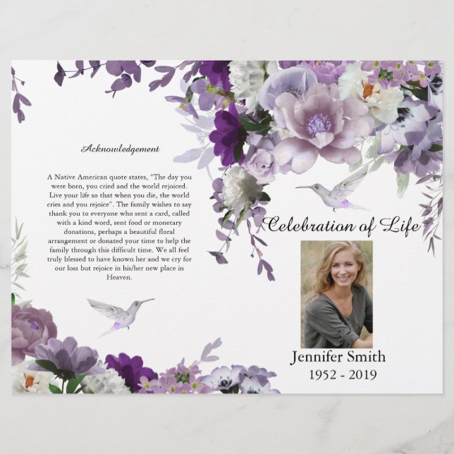Lavender Flowers Hummingbird Funeral Program Flyer (Front)