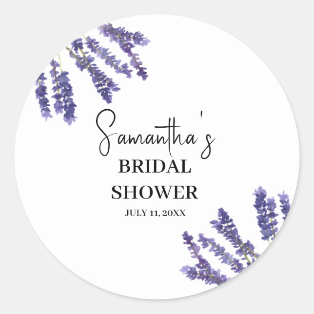 Lavender flowers Purple Watercolor Bridal Shower Classic Round Sticker (Front)