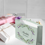 Lavender flowers sage green bridesmaid large gift bag<br><div class="desc">Sage green background. Decorated with lavender flowers and eucalyptus greenery. 
Personalise and add your bridesmade's name.</div>