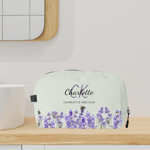 Lavender flowers sage green name monogram dopp kit